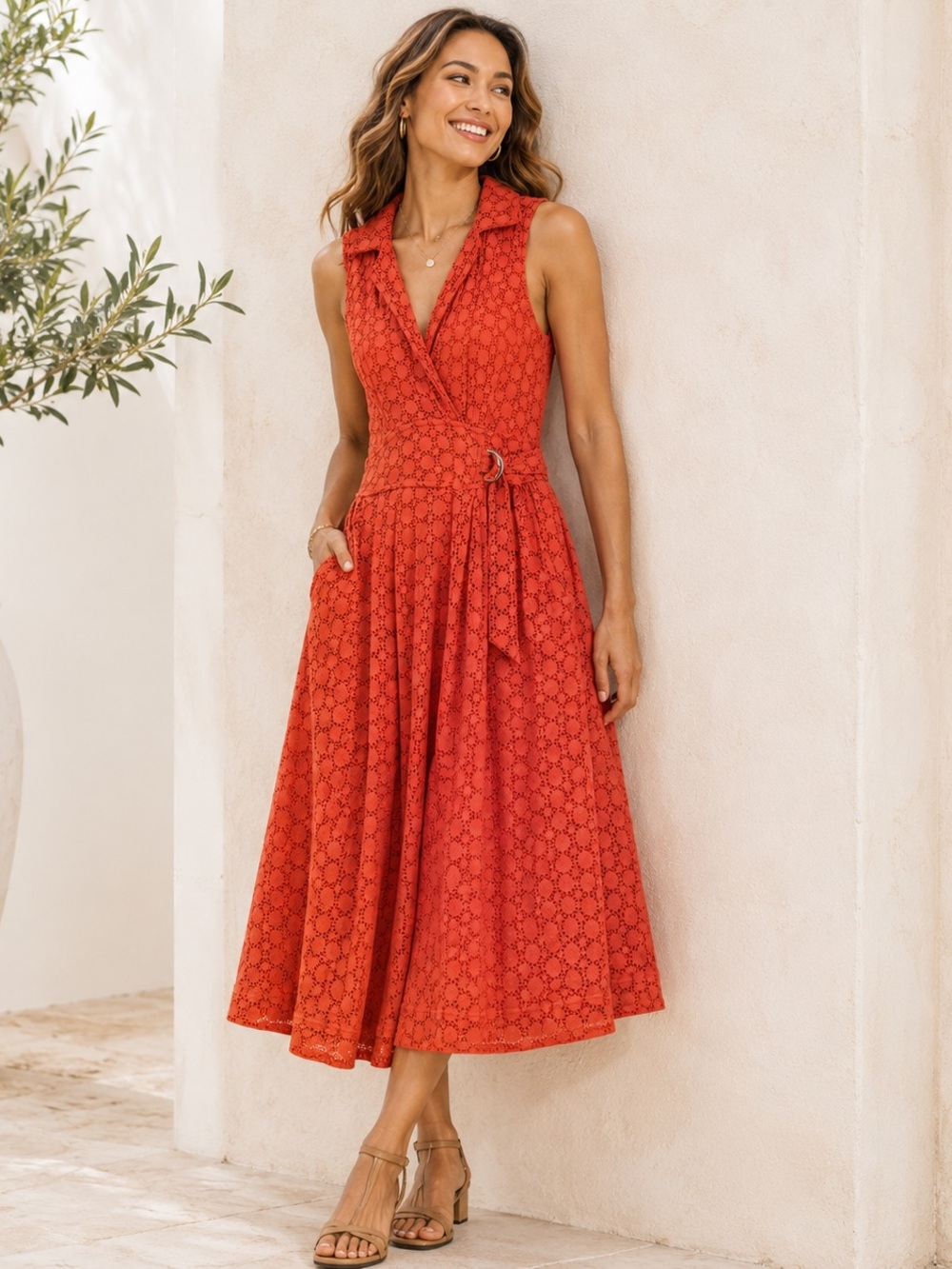 Anthropologie Elm Eyelet Midi Dress Sz 6 Coral Orange Cotton Fit & Flare Pockets